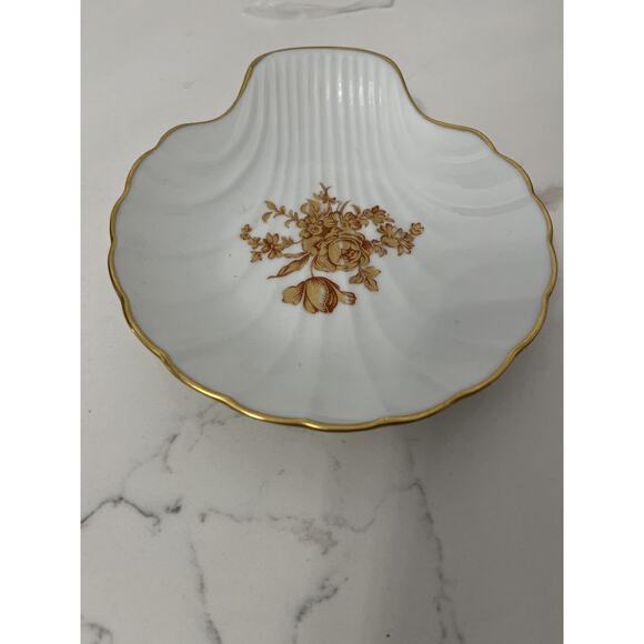 Limoges France Porcelain Seashell Candy Trinket Dish Gold Trim Leaf Floral Vtg - Picture 2 of 3